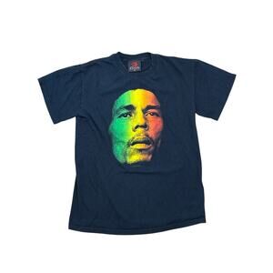 2011 Zion RootsWear Bob Marley face small graphic black tee shirt Rasta colors